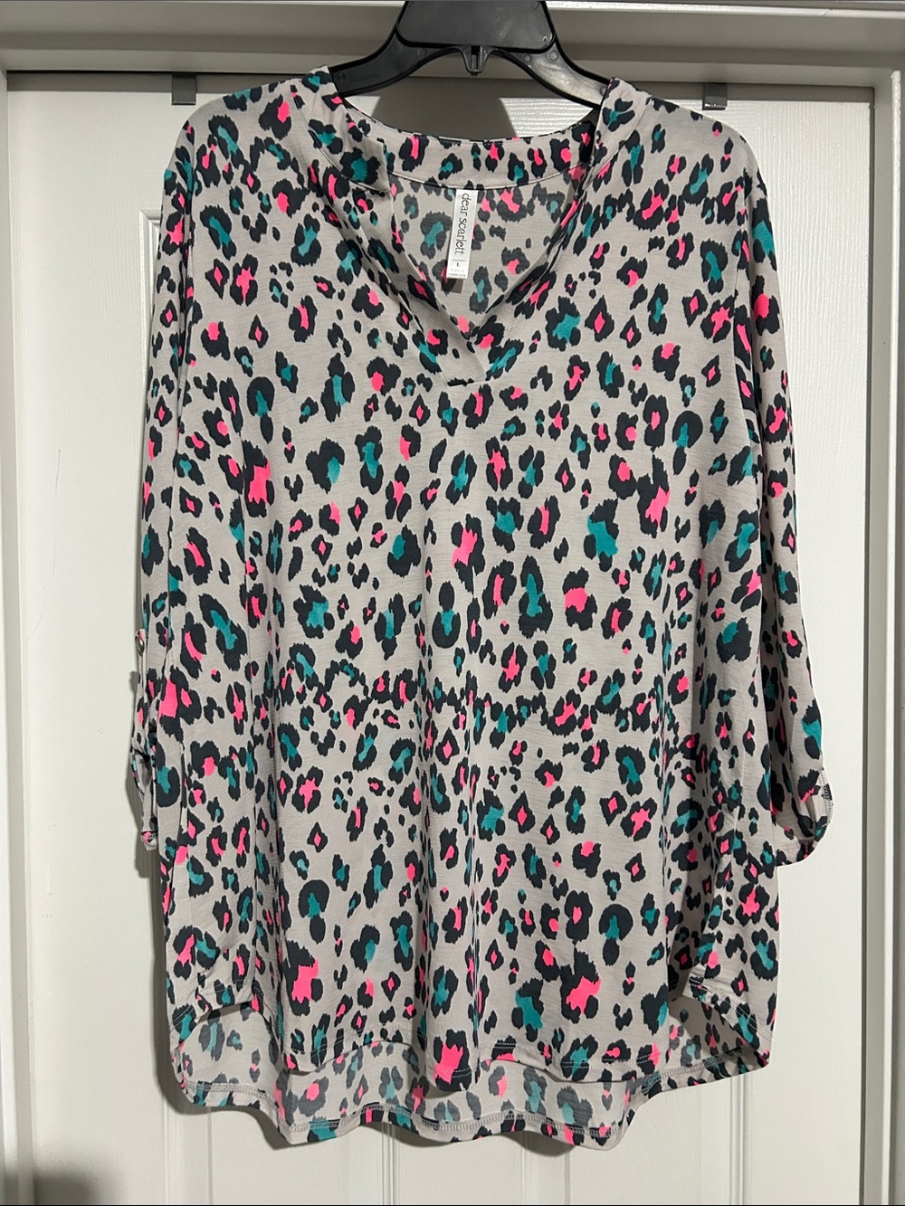V-Neck Leopard Print Tunic in Gray with Teal & Hot Pink